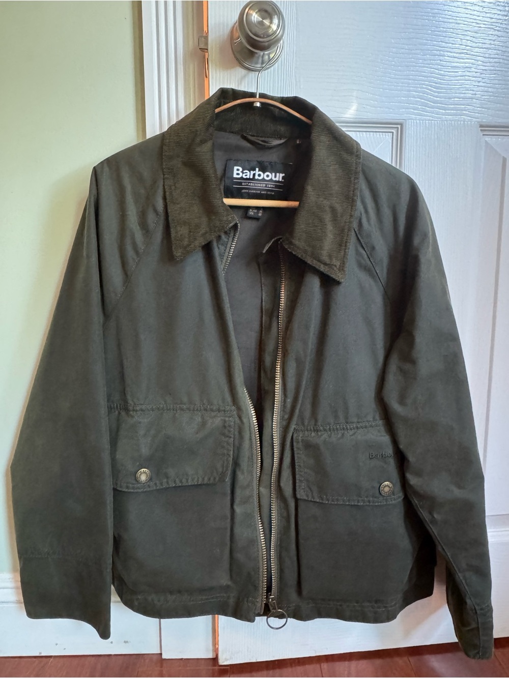 Barbour Olive Green Waxed Cotton Field Jacket with Corduroy Collar